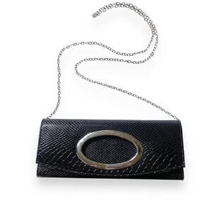 VNTG 90s Patent Snake Embossed East West HandBag Purse Black Chain Strap Clutch